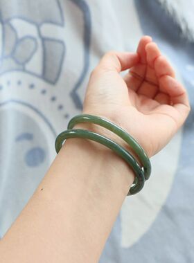 保真天然和田玉手镯59圈口证372375且末蓝 新疆料细圆条2支打包