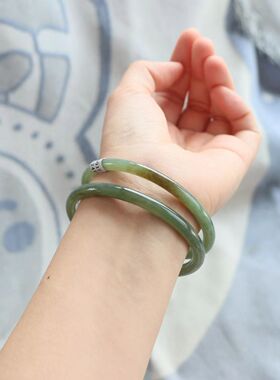 保真天然和田玉手镯60圈口证号124159且末蓝青糖色 新疆料圆条