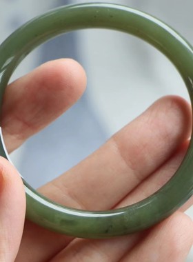 保真天然和田玉手镯52圈口证书5292950和田玉青绿 青海黄口料圆条