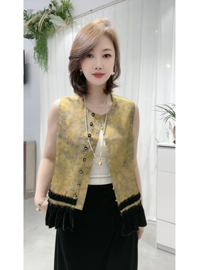 国风新中式金丝绒拼接缎面圆领马夹女坎肩上衣无袖百搭气质马甲