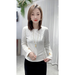新中式女2026新款国风植绒提花袖口刺绣蝴蝶花打底衫纯色百搭内搭