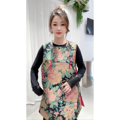 老钱风马甲女春秋织锦提花中长款无袖坎肩马夹背心新中式国风上衣