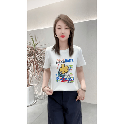 花朵涂鸦印花空气棉短袖t恤女2026夏季新款圆领修身上衣透气休闲