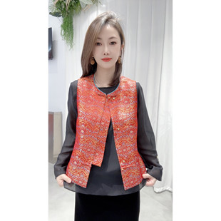 桑蚕丝宋锦新中式橘色马甲女款2026春季新款圆领气质国风真丝坎肩