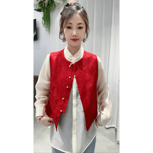 新中式花生装饰提花马甲女单排扣无袖坎肩吉祥气质国风外搭背心潮