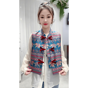 重工刺绣中古风印花大象梅花鹿马甲单排扣立领外穿显瘦中国风背心