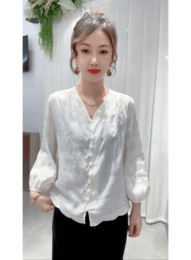 【超仙白色】轻奢高级感~小扣V领衬衫女显瘦九分袖苎麻衬衫上衣