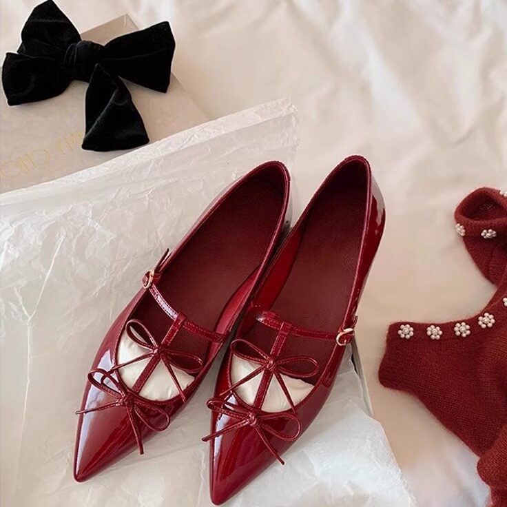 羊皮版~法式气质尖头蝴蝶结单鞋女2025新款秋冬平底鞋玛丽珍鞋子