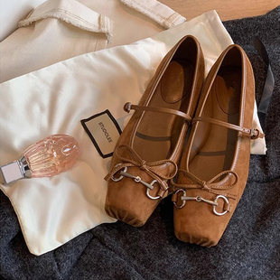 软羊皮~法式马衔扣蝴蝶结平底芭蕾单鞋女秋新款真皮方头玛丽珍鞋