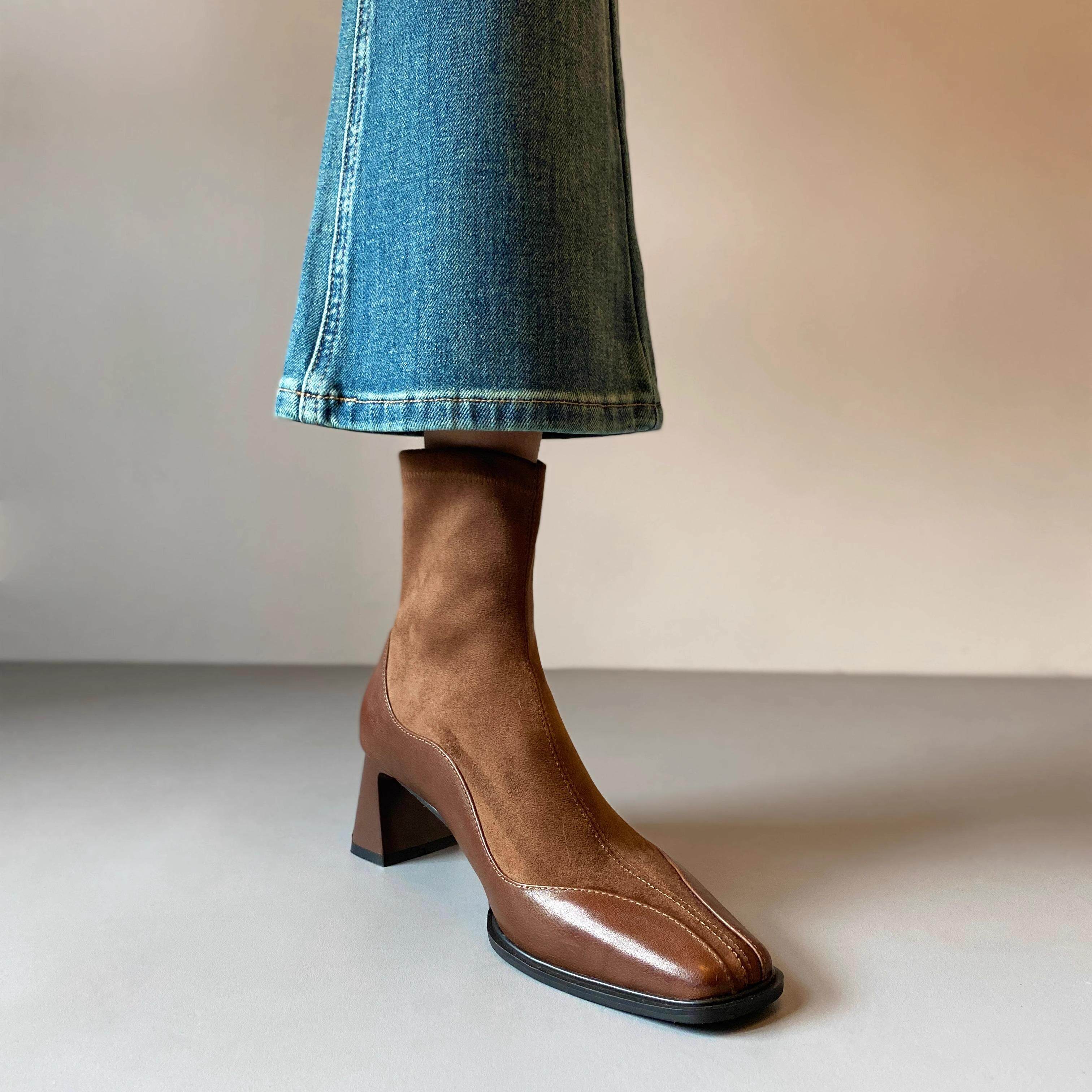 玛丽珍法式短靴新款2024秋冬一脚蹬马丁靴弹力气质方头方跟瘦瘦靴