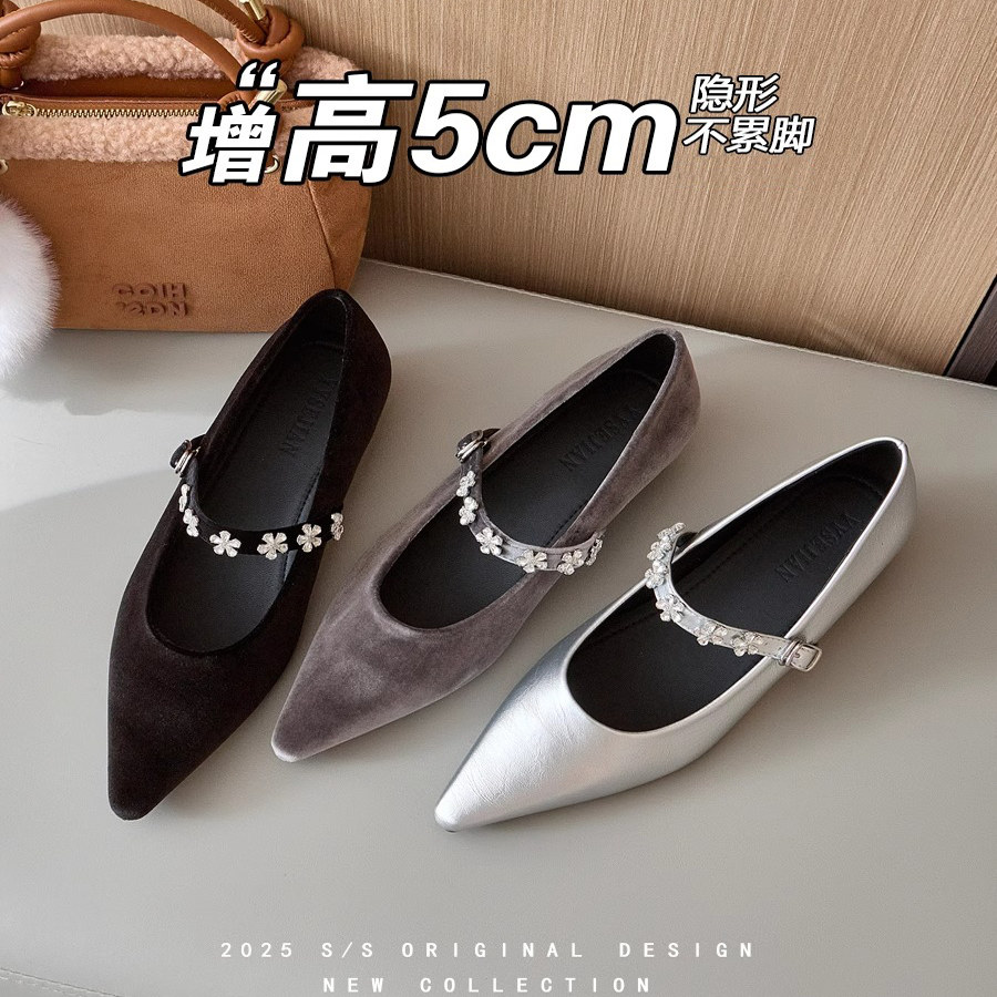 法式尖头一字带玛丽珍女鞋2025新款水钻配裙子浅口5cm内增高单鞋