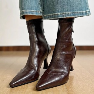 女靴后瘦瘦靴拉链短靴女士细跟靴子 高跟尖头马丁靴春秋季 现货