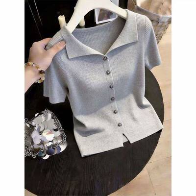 针织短袖高级感轻奢翻领T恤女