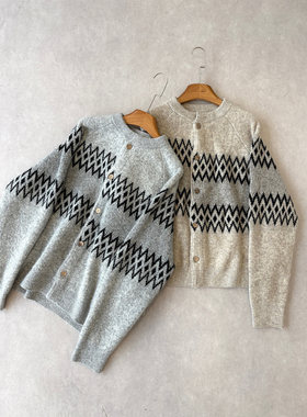 H1c 错位费尔岛*提花羊毛混纺针织开衫毛衣外套 亲肤不扎/木质扣