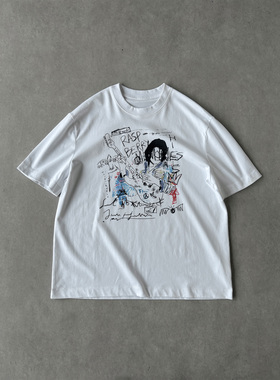 H1c 灵魂吉他手*手绘线条印花270g新疆棉短袖T恤 Boxy短宽/小领口