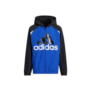 adidas 男款 半荧光蓝 黑色IA8230 字母Logo印花连帽宽松夹克