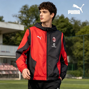 PUMA  拼色休闲连帽全拉链梭织夹克外套 男款 黑色-红色774026-01
