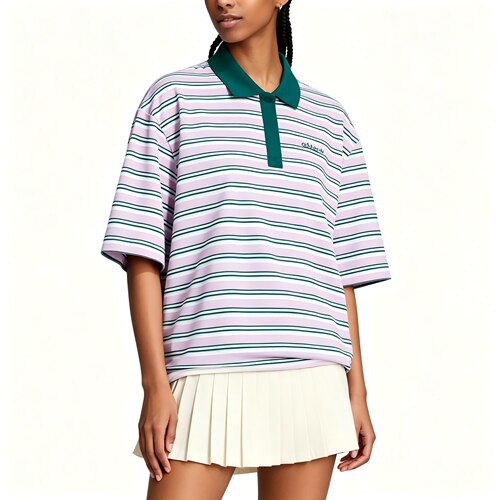 adidas 条纹套头舒适休闲短袖Polo衫 女款 祈福淡紫JC6165