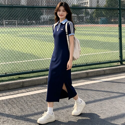 adidas originals 休闲运动条纹针织短袖连衣裙 女款KY5698
