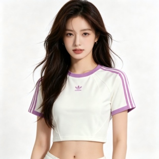 adidas 柔软条纹舒适短款运动圆领短袖插肩袖T恤女款白色JD3286