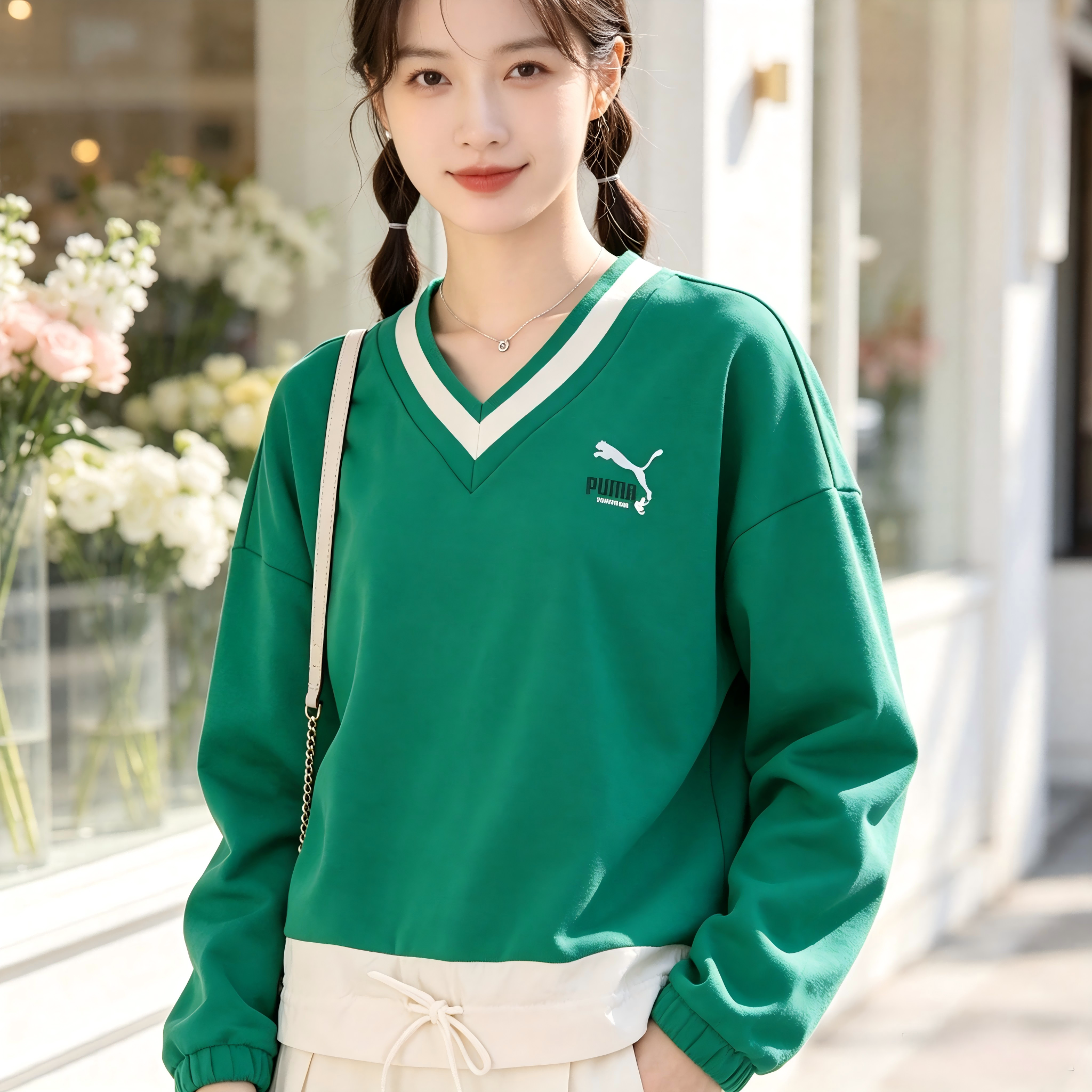 PUMA撞色拼接圆领套头美式复古条纹V领卫衣女款亚马逊绿537524-86图片
