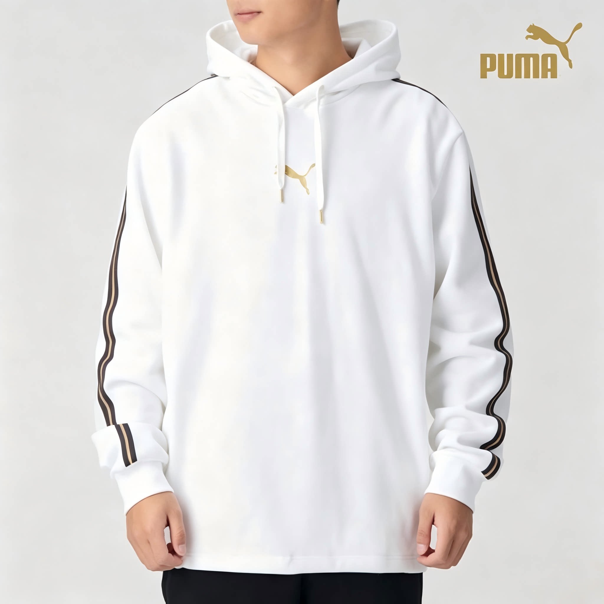 Puma烫金印花加绒保暖连帽针织卫衣男款白色送男生587139-02