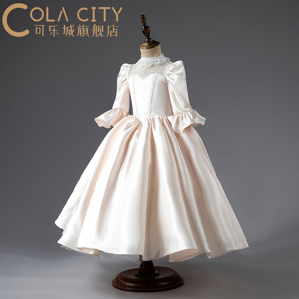 女童公主裙礼服花童钢琴演出服缎面小女孩主持人长袖晚礼服秋冬季