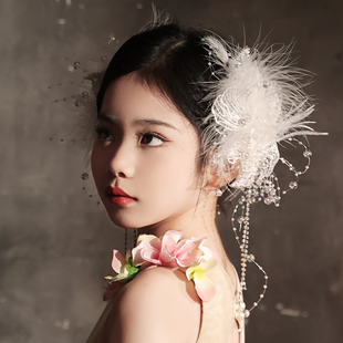 儿童头饰公主发夹羽毛对夹女童超仙头花网红走秀演出表演生日派对