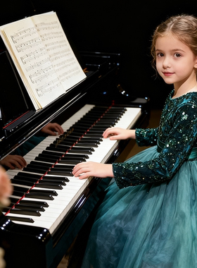 儿童礼服女童绿色亮片长袖钢琴演奏演出服蓬蓬裙生日小主持公主裙