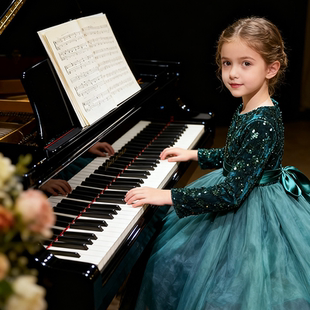 儿童礼服女童绿色亮片长袖 钢琴演奏演出服蓬蓬裙生日小主持公主裙