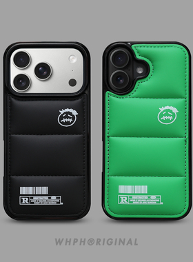欧美风潮牌鬼脸适用于苹果17promax羽绒服手机壳情侣iPhone16plus高级感黑色15pro大孔镜头14绿13防摔保护套