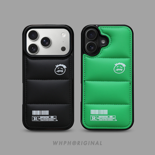 欧美风潮牌鬼脸适用于苹果17promax羽绒服手机壳情侣iPhone16plus高级感黑色15pro大孔镜头14绿13防摔保护套