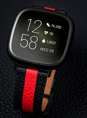 适用菲比Fitbit Versa1/2/3/4/Sense12真皮条纹表带拼色撞色易拆