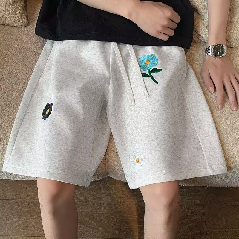 宽松灰色花卉刺绣短裤男女