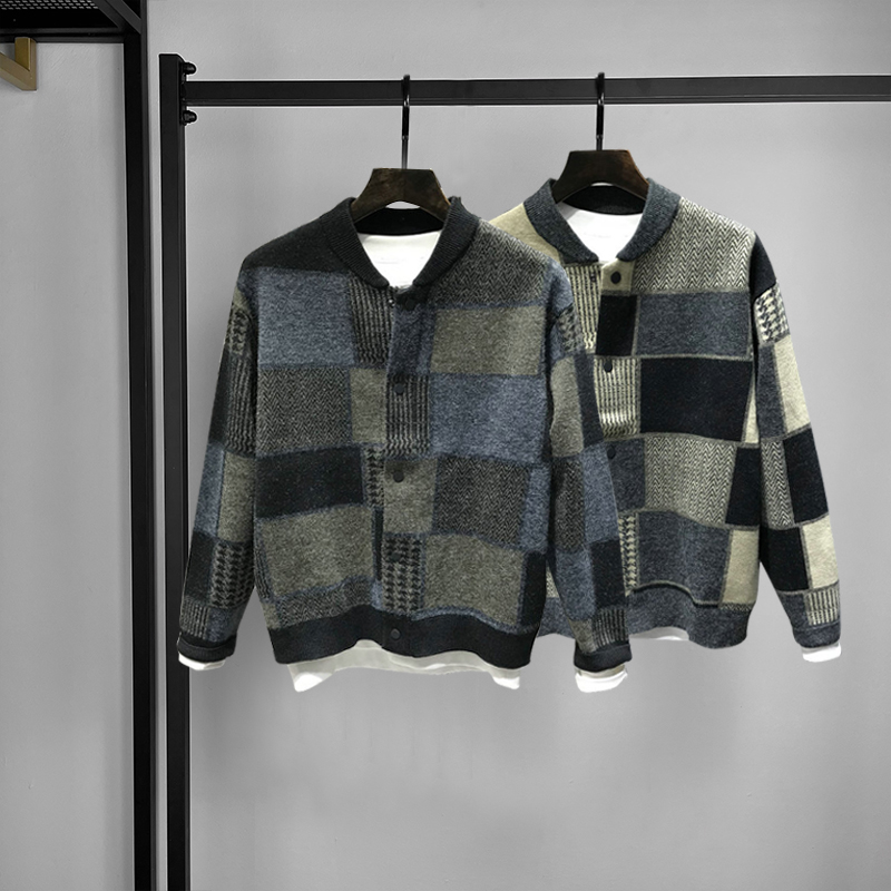 拼色格子针织开衫外套男春秋大码青年上衣