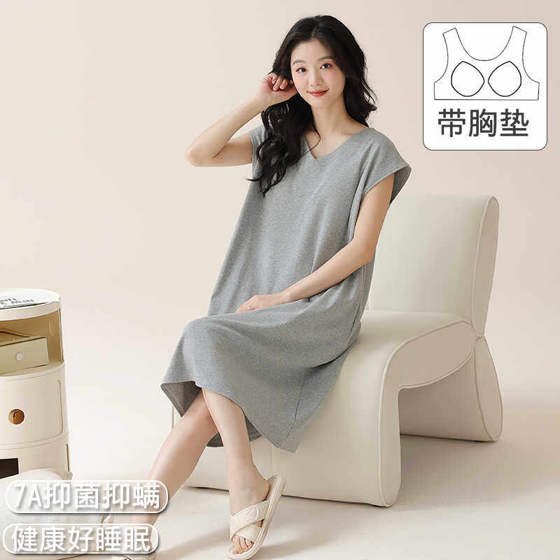 广东汕头7A抗菌@睡裙纯棉带胸垫V领无袖背心连衣裙女款夏季家居服