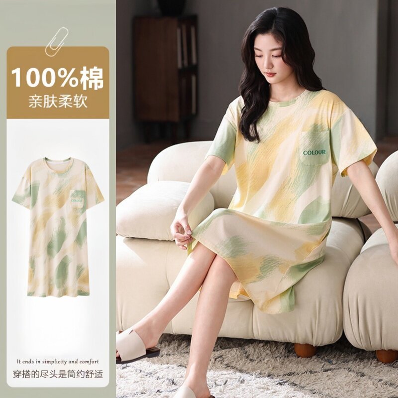 广东汕头品牌睡裙女士2025夏纯棉短袖薄款可外穿宽松家居服中长裙