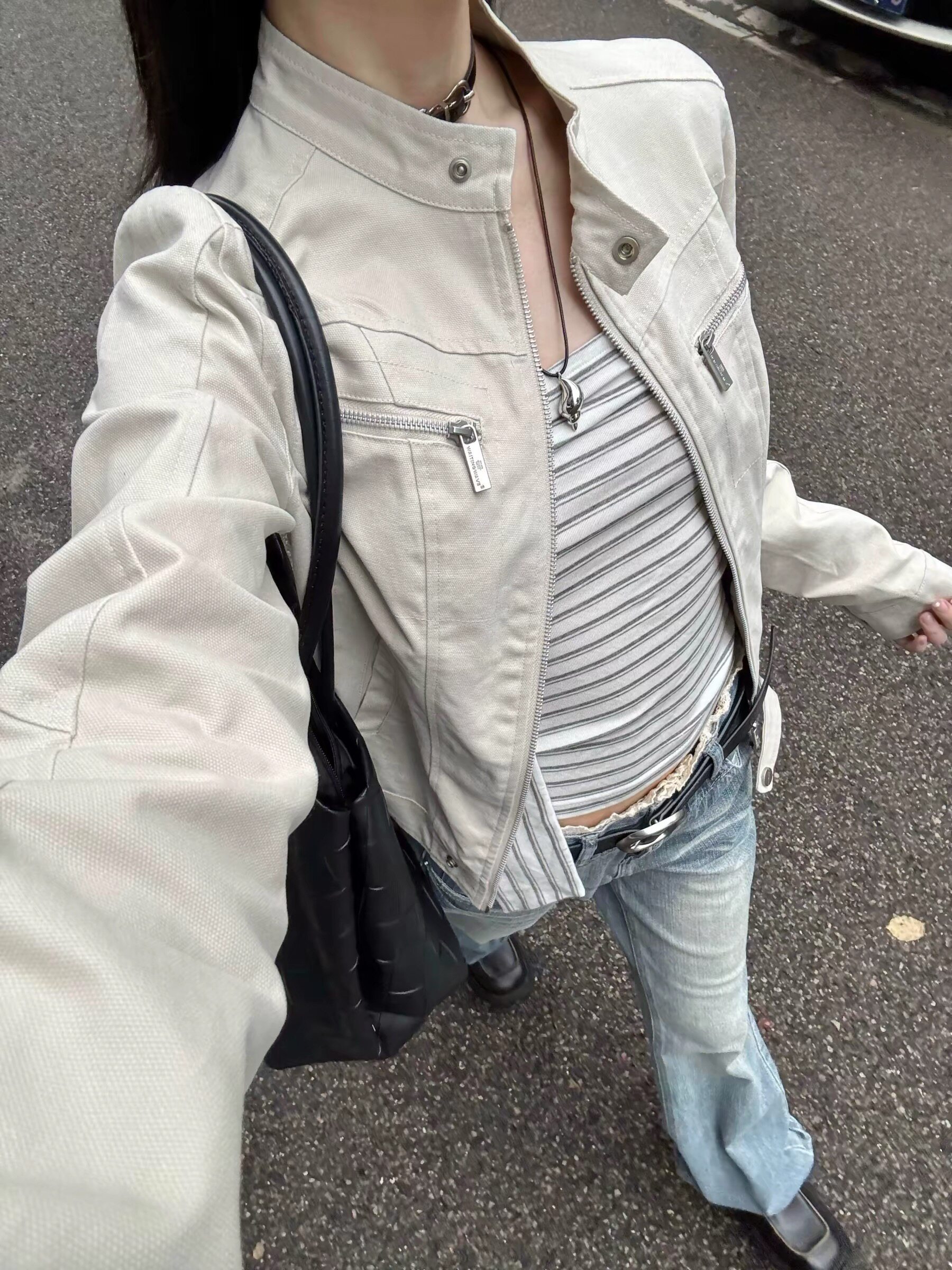美式复古短款立领修身显瘦夹克女
