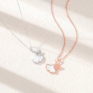 s999纯银小杏运项链女三生有幸森系ins白贝母锁骨链银杏叶项饰品