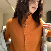 Hers家实拍毛衣单排扣高领针织衫 女2025秋冬季 气质软糯上衣92515