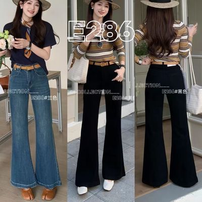柔柔家春季高腰显瘦喇叭牛仔裤女