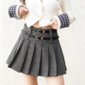 柔柔家双腰带毛呢百褶半身裙秋季 复古高腰百搭辣妹a字裙裤 6137完