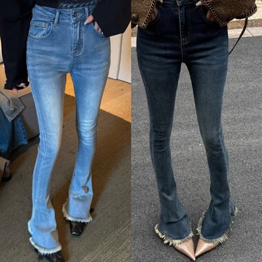 GOD财神家正版高个子加绒加厚高弹显瘦毛边微喇马蹄牛仔裤B9069完