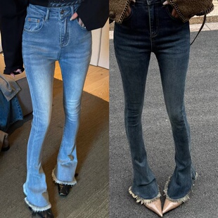 GOD财神家正版高个子加绒加厚高弹显瘦毛边微喇马蹄牛仔裤B9069完