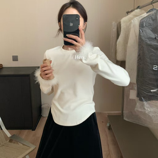 Hers家实拍毛毛袖磨毛拼接袖德绒保暖打底衫女秋冬显瘦上衣92585