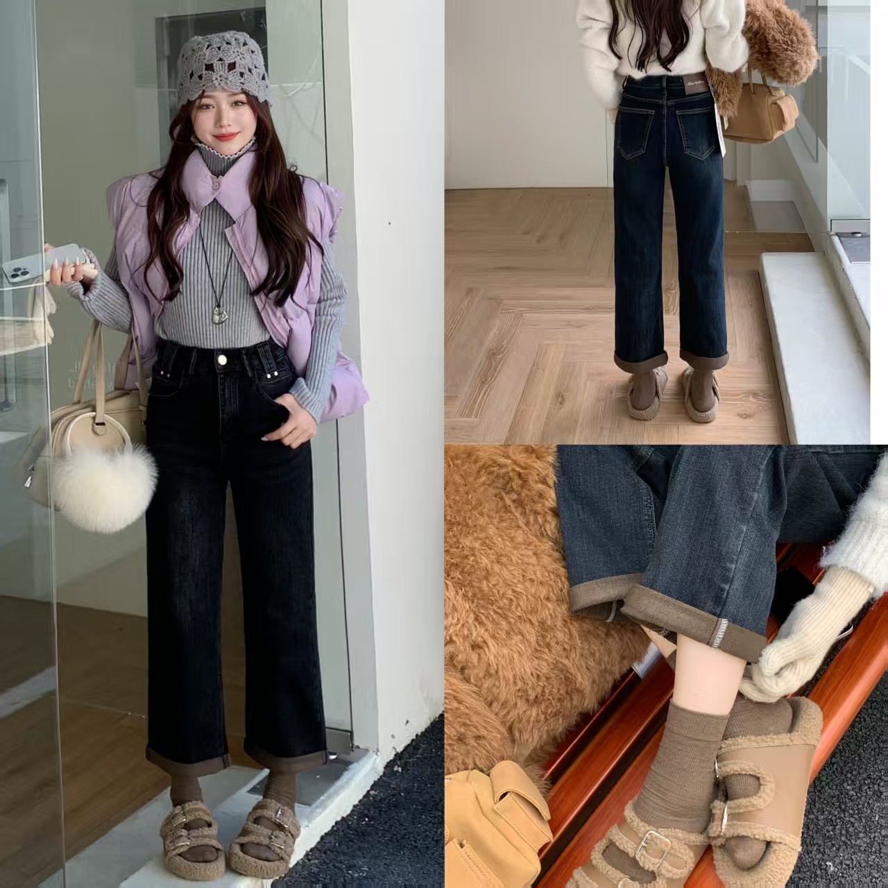 柔柔家加绒加厚毛巾底男友裤