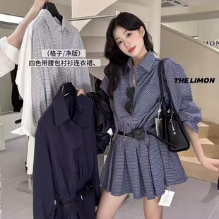 柔柔家实拍2025秋季韩系设计感收腰翻领衬衫裙女中长款连衣裙9206