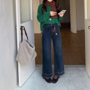 柔柔家小个子加厚毛巾底直筒牛仔裤女秋冬高腰显瘦九分裤A752