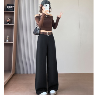 柔柔家高腰铜氨丝小黑裤西服裤女2025秋季窄版直筒西装裤121-821