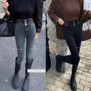 福利龙萱非凡高腰排扣薄绒显瘦弹力铅笔牛仔裤 子女6503 加绒裤